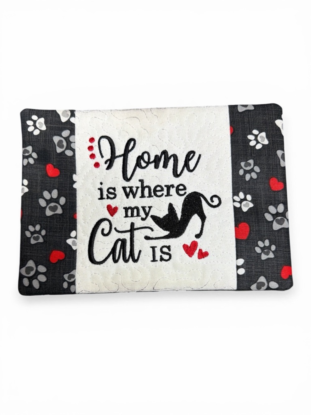 Hand Crafted Mug Rug Coaster Home is Where My Cat Is 7.5”x5.25” Embroidered